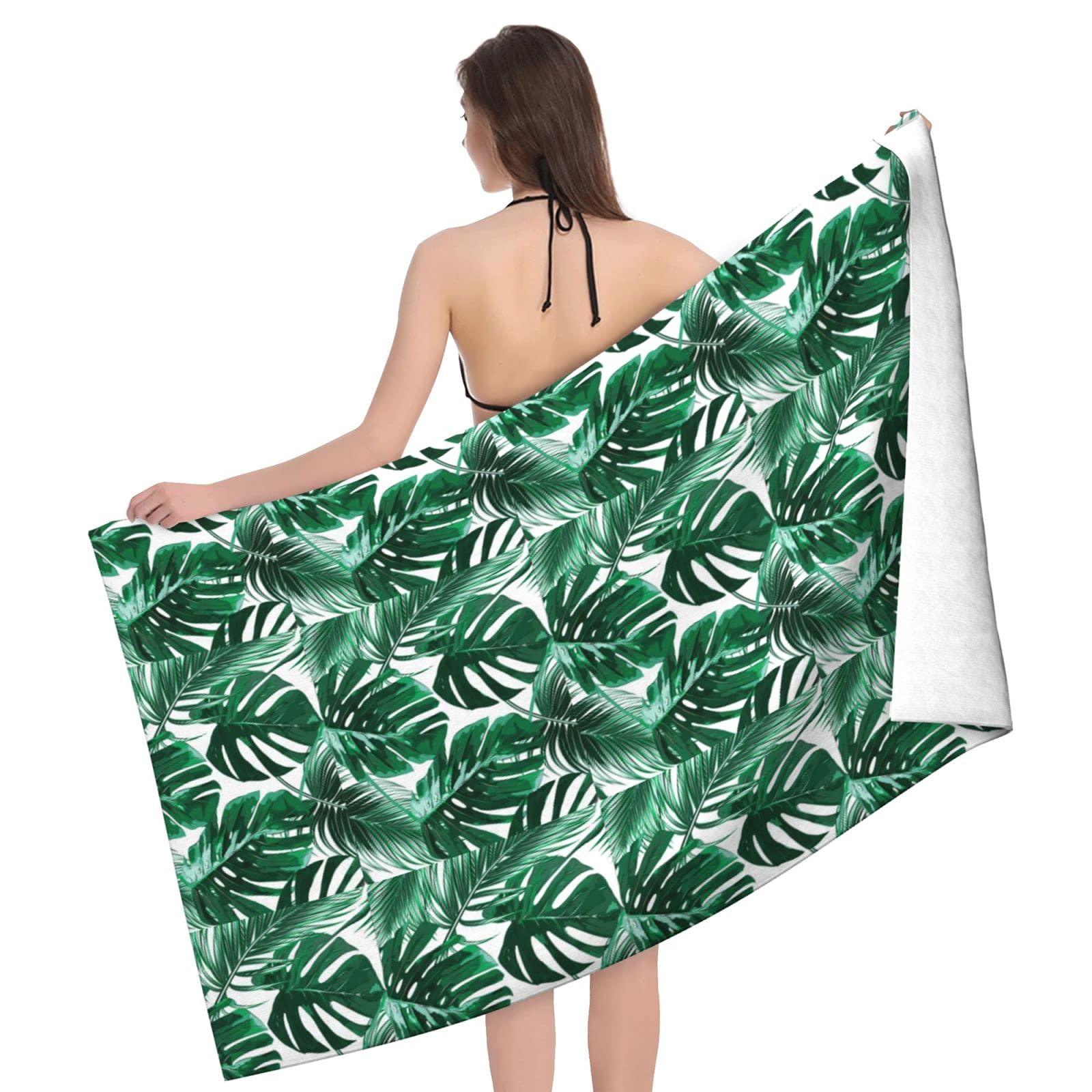 LSRCPD Leaves Green With White Beach Towel Highly Absorbent Microfiber Beach Blanket Soft Bath Towels 80 x 130 cm