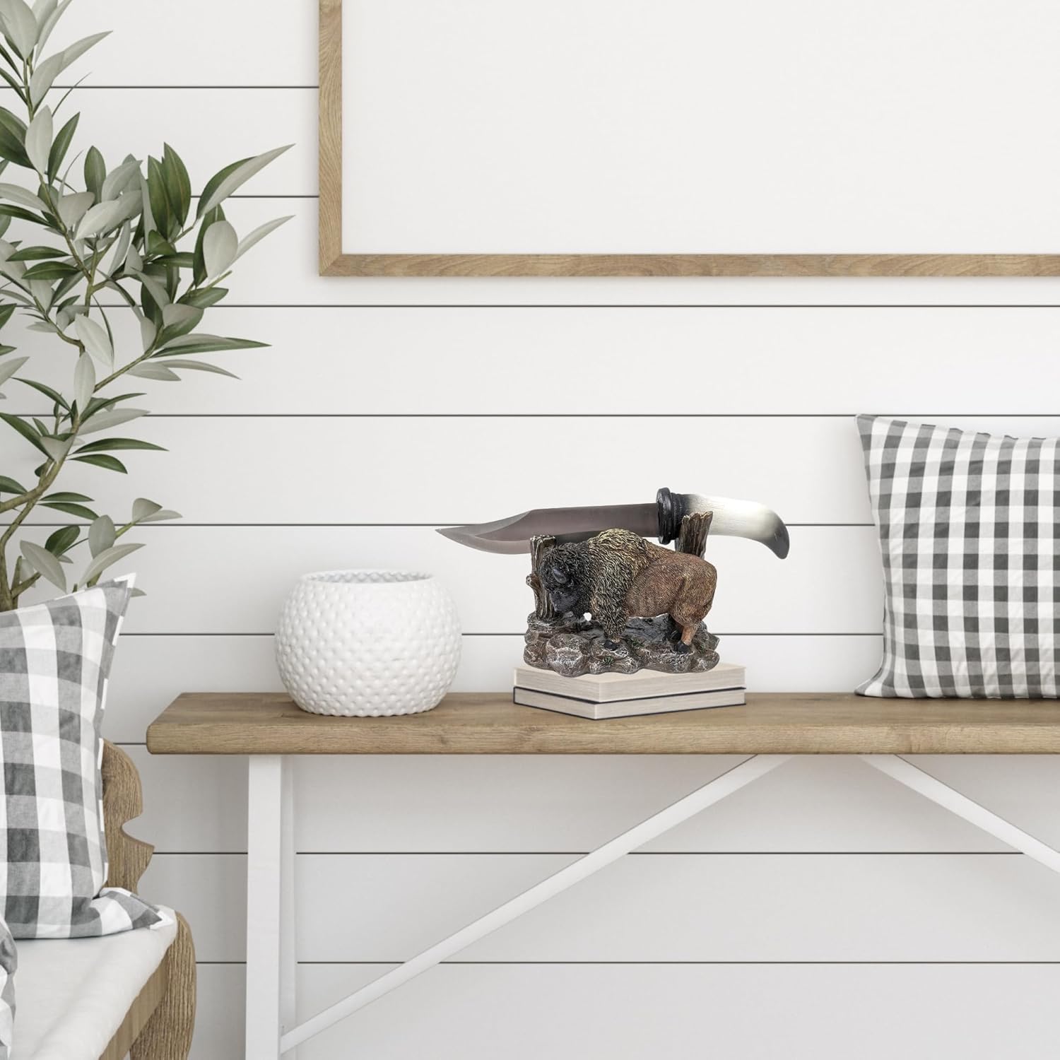 BestGiftEver American Buffalo Horn-Inspired Blade Knife with Rustic Bison Stand – Hunting Cabin and Lodge Decorative Display