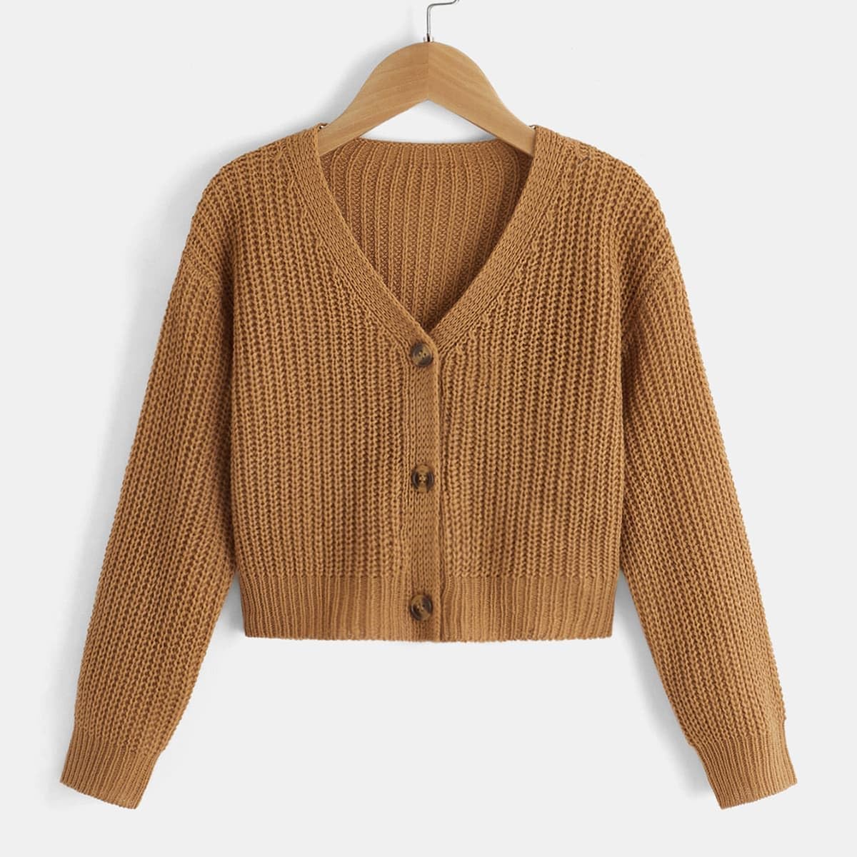 SweatyRocks Girl's Long Sleeve Drop Shoulder V Neck Button Front Ribbed Knit Cardigan Sweaters
