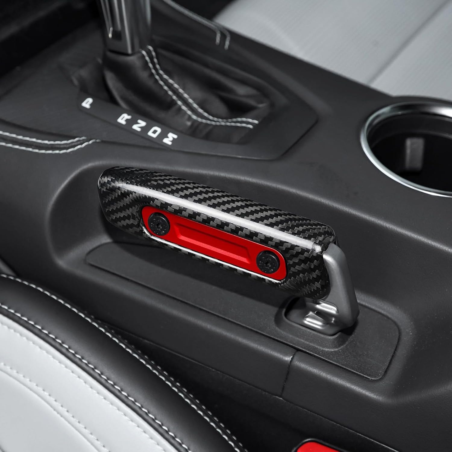 Real Carbon Fiber Car Handbrake Cover Grip Handle Parking Brake Lever Compatible with Ford Mustang 2024-2025 (Black+Red)