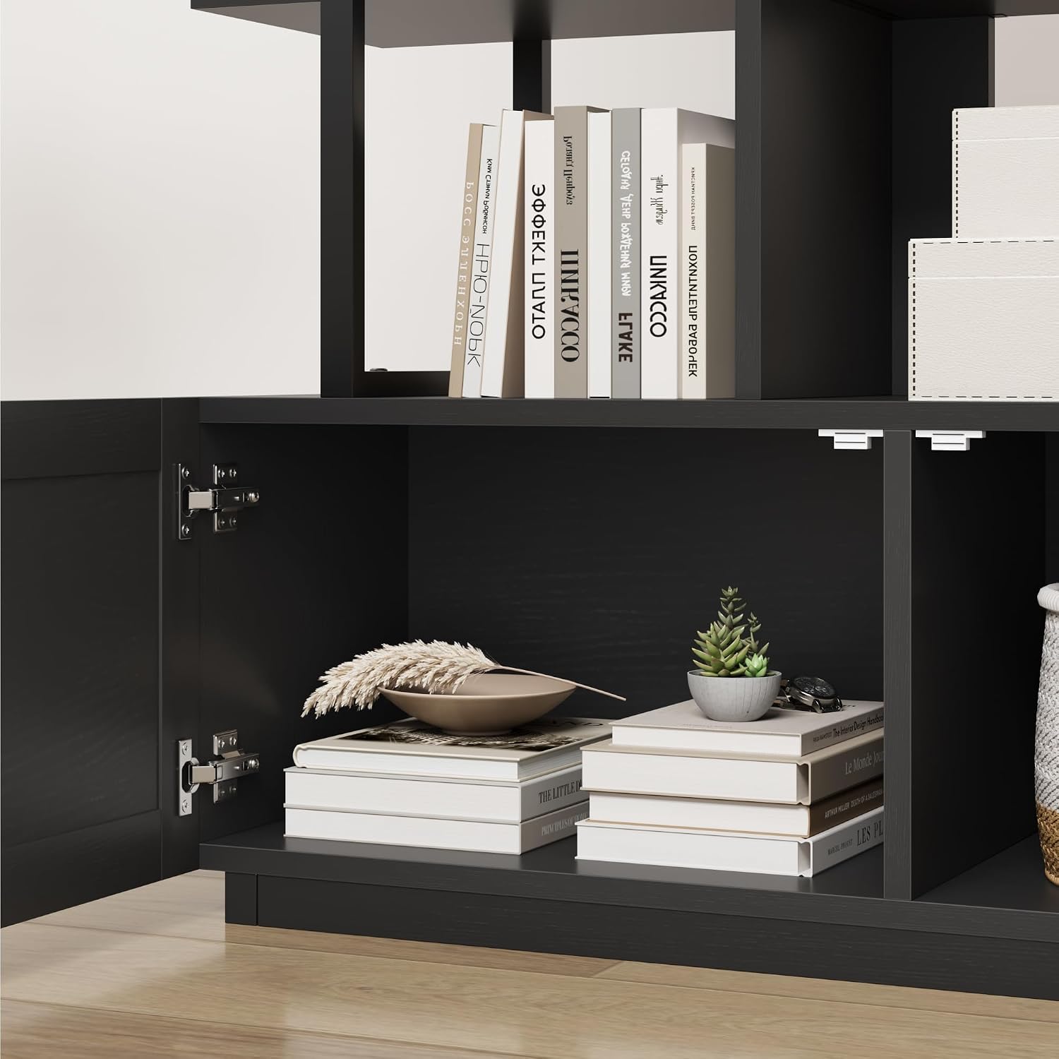 Rattan Book Shelf 5 Tier Bookcase with Storage Cabinet & Door Industrial Bookshelf Wood and Metal Storage Organizer Display Standing Shelf Unit Bookshelves for Living Room, Bedroom, Home Office