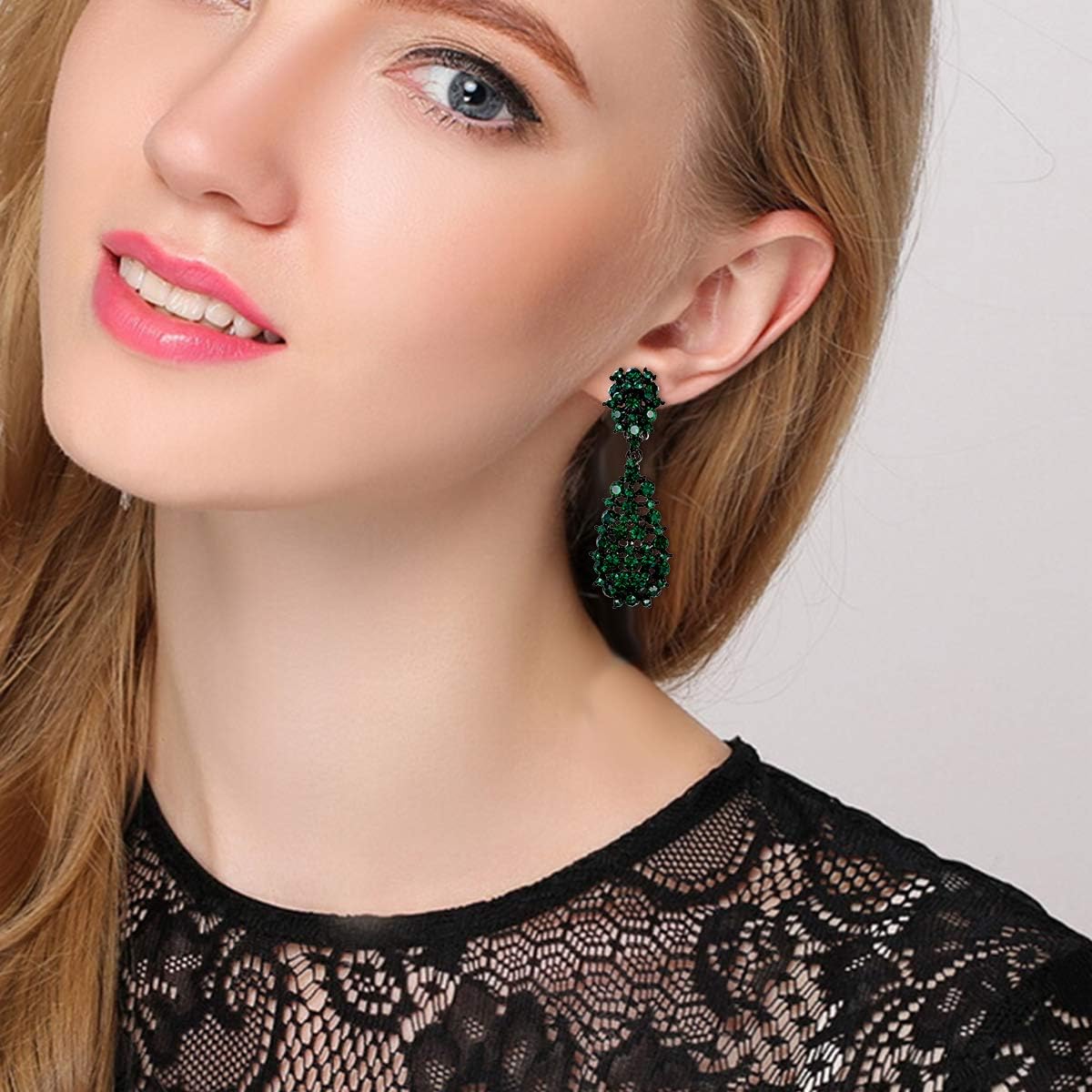 EVER FAITH Women's Party Jewerly Accessory Austrian Crystal Hollow-out Teardrop Dangle Clip-on Earrings - Image 2