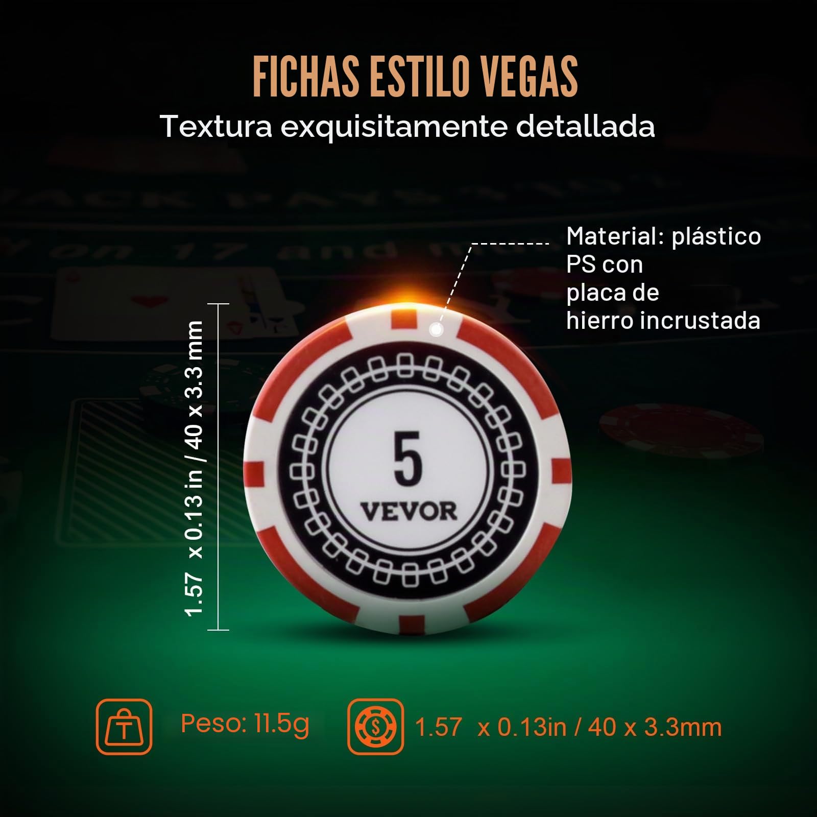 VEVOR Estuche de Póquer 500 Piezas Fichas de Póquer de Plástico y Aluminio 11,5g 40 x 3,3 mm con 2 Barajas de Cartas 1 Botón de Distribuidor y 2 Botones Ciegos