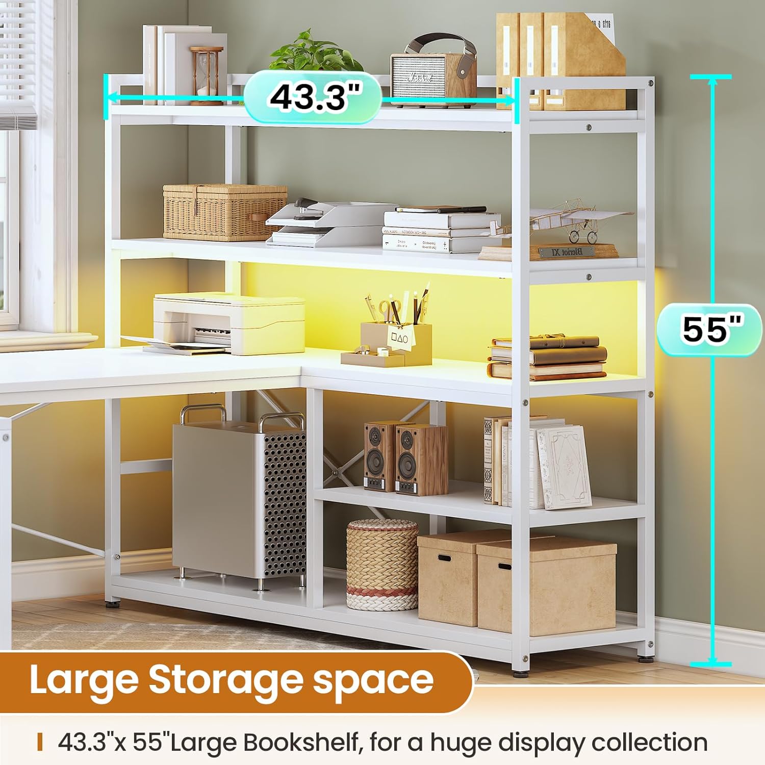 SEDETA L Shaped Computer Desk, 63” Reversible Office Desk or Corner Desk with Storage Shelves, White Gaming Desk with LED Lights, Power Outlet