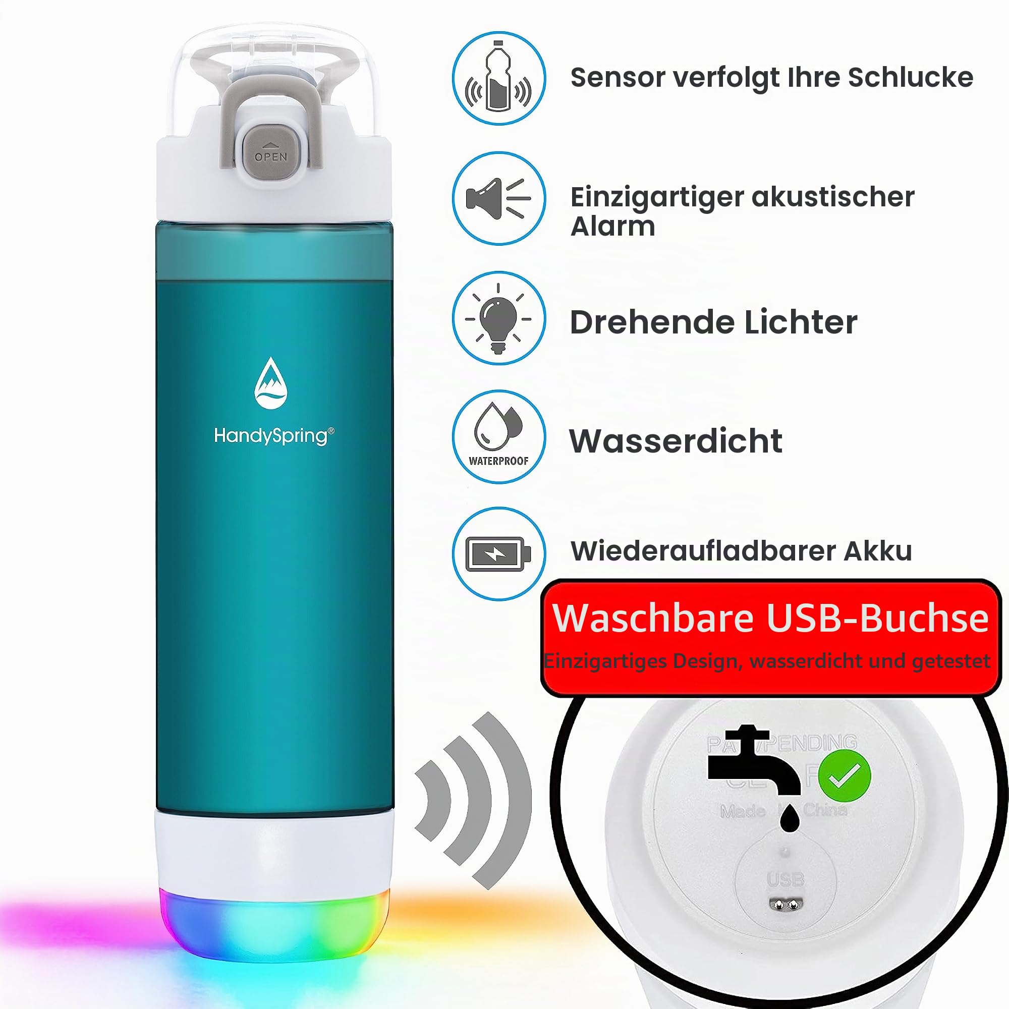 Intelligente Trinkflasche mit Trinkerinnerung, Licht und Geräuschen, Wasseraufnahme-Detektor, nachfüllbar, Tritan-Kunststoff, Trinköffnung, 760 ml