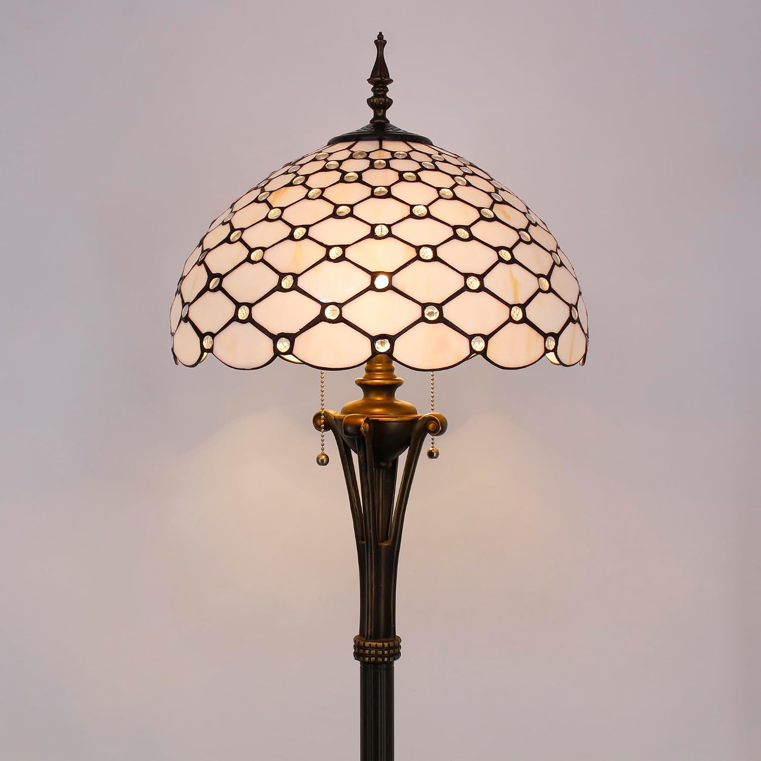 Tiffany Floor Lamp Cream Amber Bead Stained Glass Standing Reading Light 16X16X70 Inches Antique Pole Corner Lamp Decor Bedroom Office Living Room