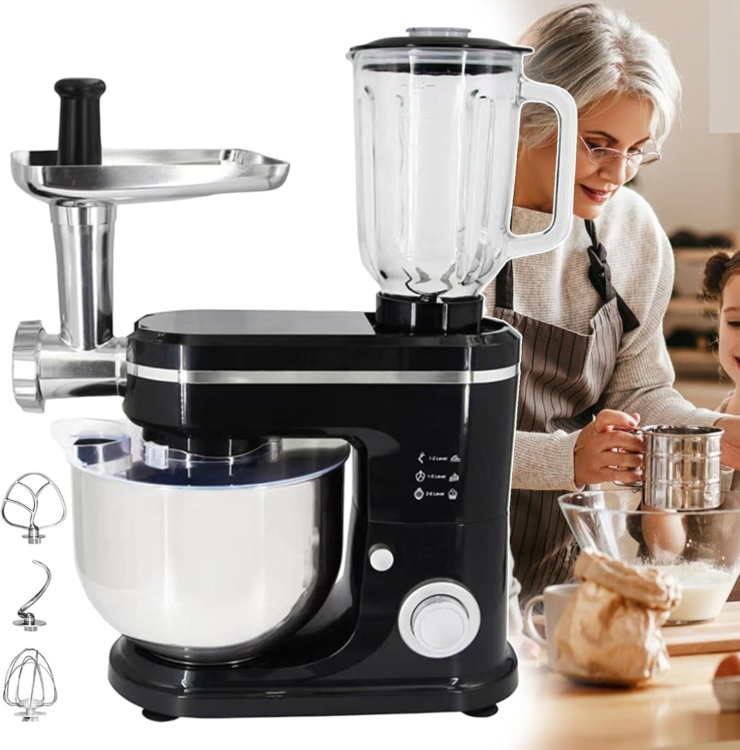 Multifunctional Stand Mixer with 6L Stainless Steel Bowl, 8-Speed Electric Kitchen Mixer, Suitable for 8-12 People Family Gathering Dinner Making(Black)