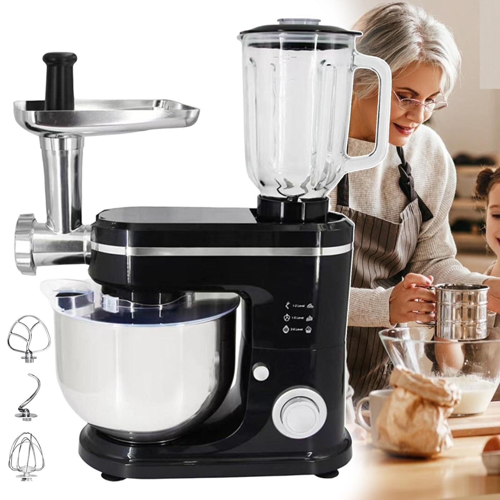 Multifunctional stand mixer with 6L stainless steel bowl, 8-speed electric kitchen mixer, suitable for 8-12 people family gathering dinner making(Black)