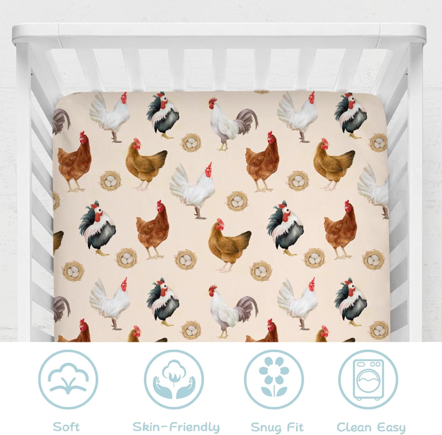Farm Hens Roosters Baby Crib Sheet 52''x28'' Farmhouse Chicken Eggs Snug Fitted Crib Mattress Cover for Boy Girl Watercolor Farm Birds Soft Baby Sheets for Standard Crib Toddler Mattress Cover