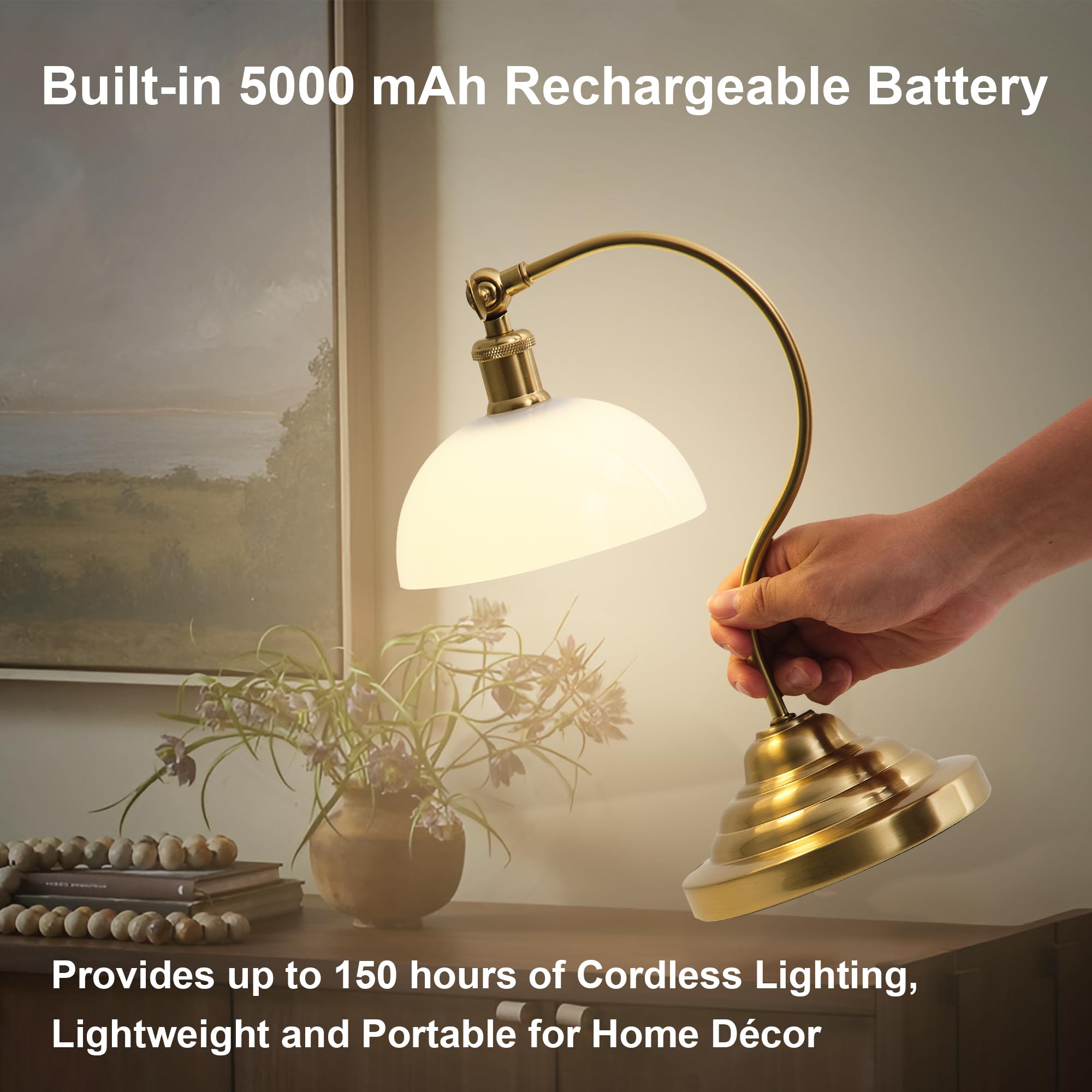 KARTOOSH Cordless LED Table Lamp, 180° Swing Arm Desk Lamp, Battery Operated,Dimmable/3 Color, Vintage Rechargeable Table Light for Living Room,Bedroom,Bedside, White Shade, Brass