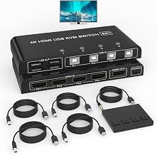KVM Switch HDMI 4 Ports 4K@60Hz, USB KVM Switch 4 Computers with 4 USB Cables + Button Swapping, Sharing 4K Monitor & 4 USB Keyboard|Mouse|Scanner|Printer