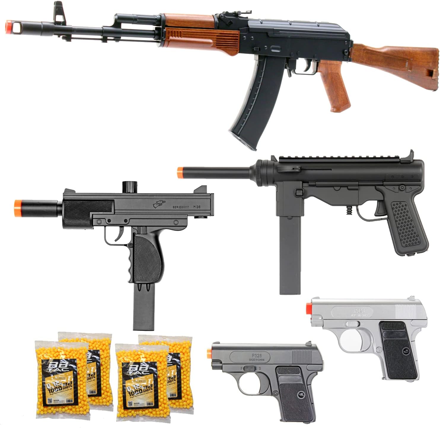 BBTac Airsoft Gun Package - Guerilla Collection of 5 Airsoft Guns - Full Auto Russian Style AEG Electric Airsoft Rifle, and Dual Mini Pistols, 4000 BB Pellets, Great for Starter Pack Game Play