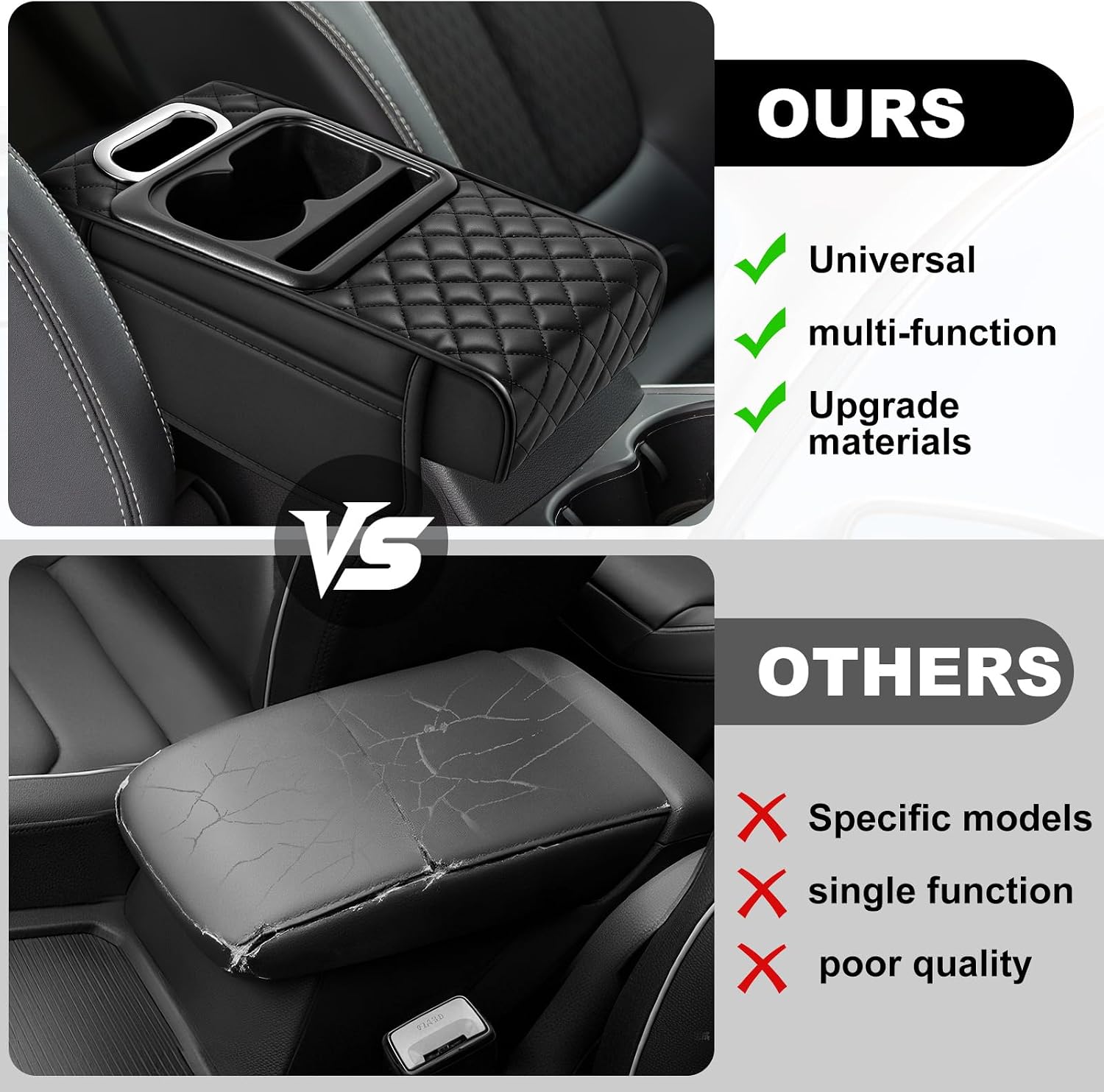 Car Armrest Cushion,5-in-1 Center Console Cover with 2 Storage Bags Cup Holder, Phone Slot for Sedans, Tissue Box Slot, Car Accessories Interior Organizers (Black) (Black-A)