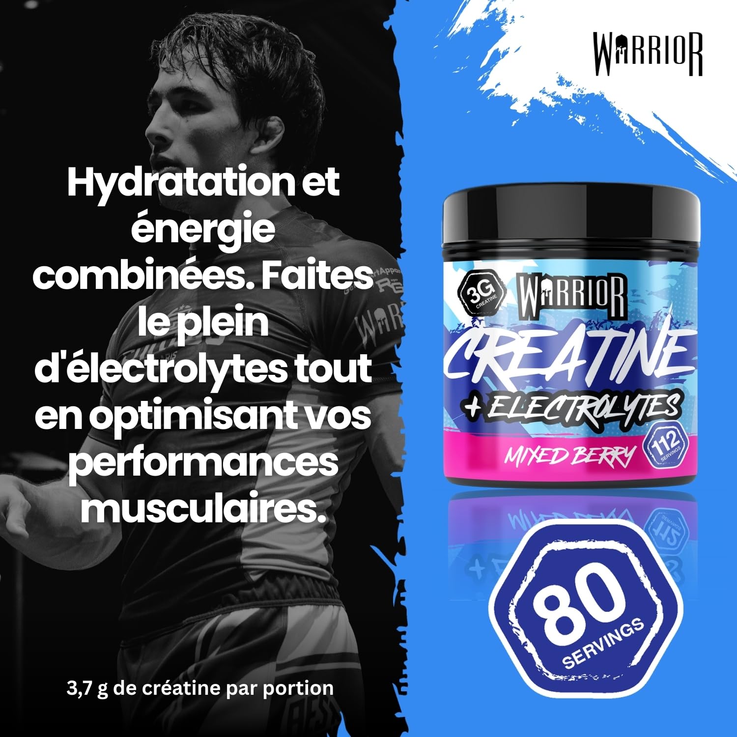 Warrior Créatine Monohydrate + Électrolytes Poudre 360 g, 80 Doses – Créatine Poudre avec Électrolytes, Intra Workout Prise de Masse & Hydratation, Sans Sucre – Mélange de Baies