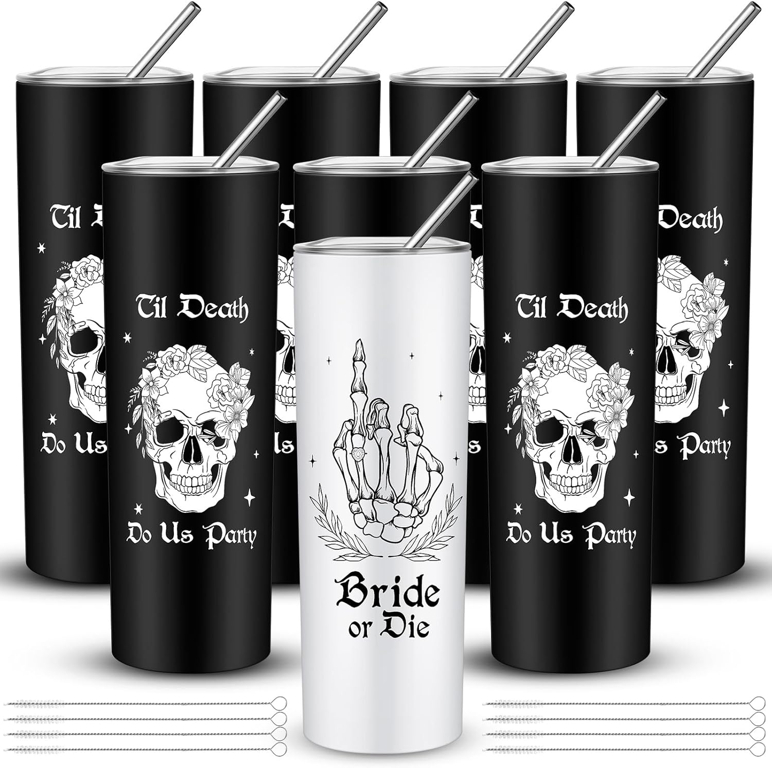 Tessco 8 Pcs Black White Bridesmaid Tumblers with Lid and Straw Wedding Bride or Die Til Death Do Us Party Bridal Insulated Stainless Steel Cup for Halloween Bridal Shower Gifts Supplies(6 oz)