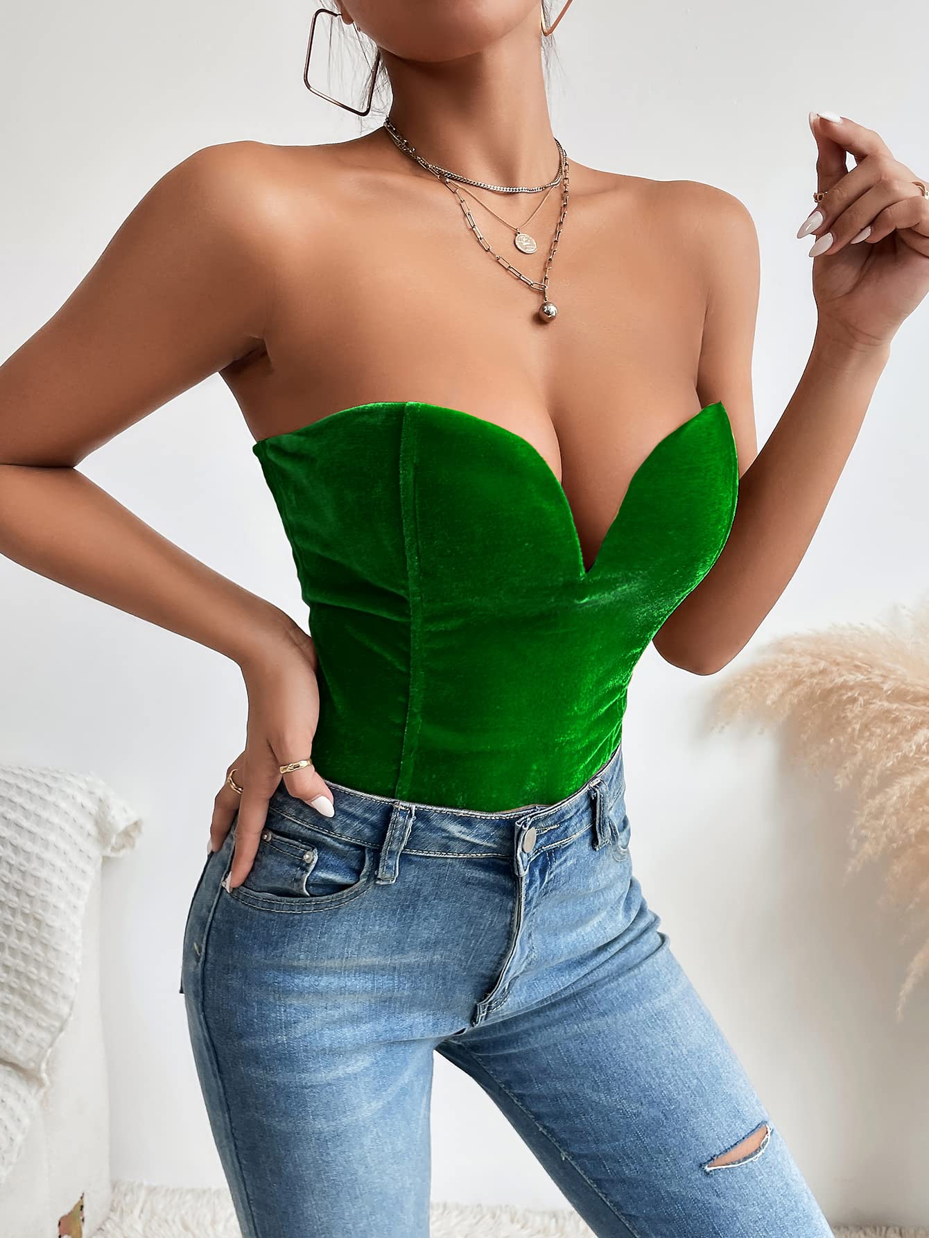 Frauen Burgunderrot Bandeau Back Lace Up Samt Bodysuit