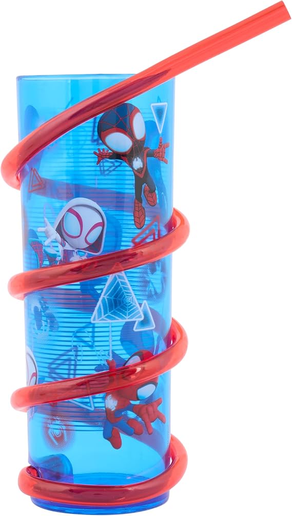 Marvel Spidey and Friends Glow 3pc Tableware Set – Includes Plate, Bowl, and Twisty Straw Tumbler Featuring Spidey, Trace-E, Ghost, and Miles Morales 48 Months UP, Blue & Red