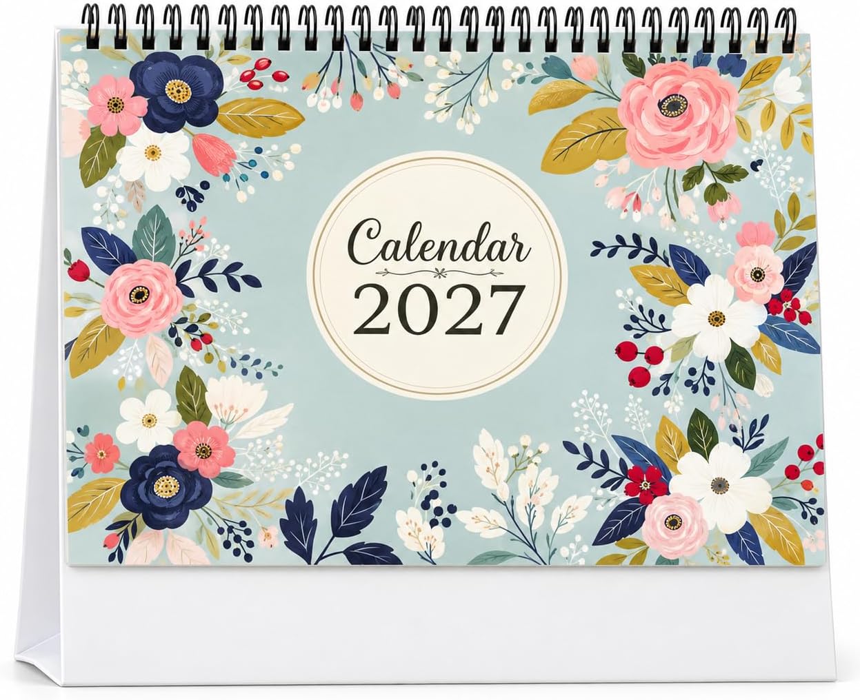 Kaameri Bazaar Table Calendar 2027 with 2028 Year Planner, Floral Desk Calendar with Notes Section, Indian Holidays & Monthly Quotes, 170 GSM Art Paper, 26 Loop Black Wiro, 9 x 7.8 Inch
