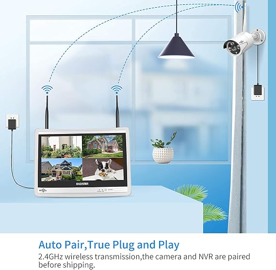 12Inch LCD Wireless WiFi NVR 8 Channels, 1080P/3MP Motion Detection Zones, Built-in Speaker, 24/7 Recording, Power Cable and HDD are not Included, Work for Hiseeu Wireless Cameras
