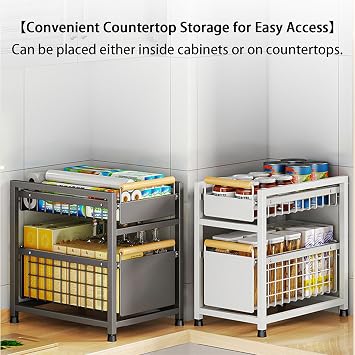 Pull-Out Under Sink Organizer, Rust Resistant Metal Pull-Out Racks 28.5/42cm Height, Heavy Duty Sliding Bin for Bathroom and Kitchen Cabinet Storage