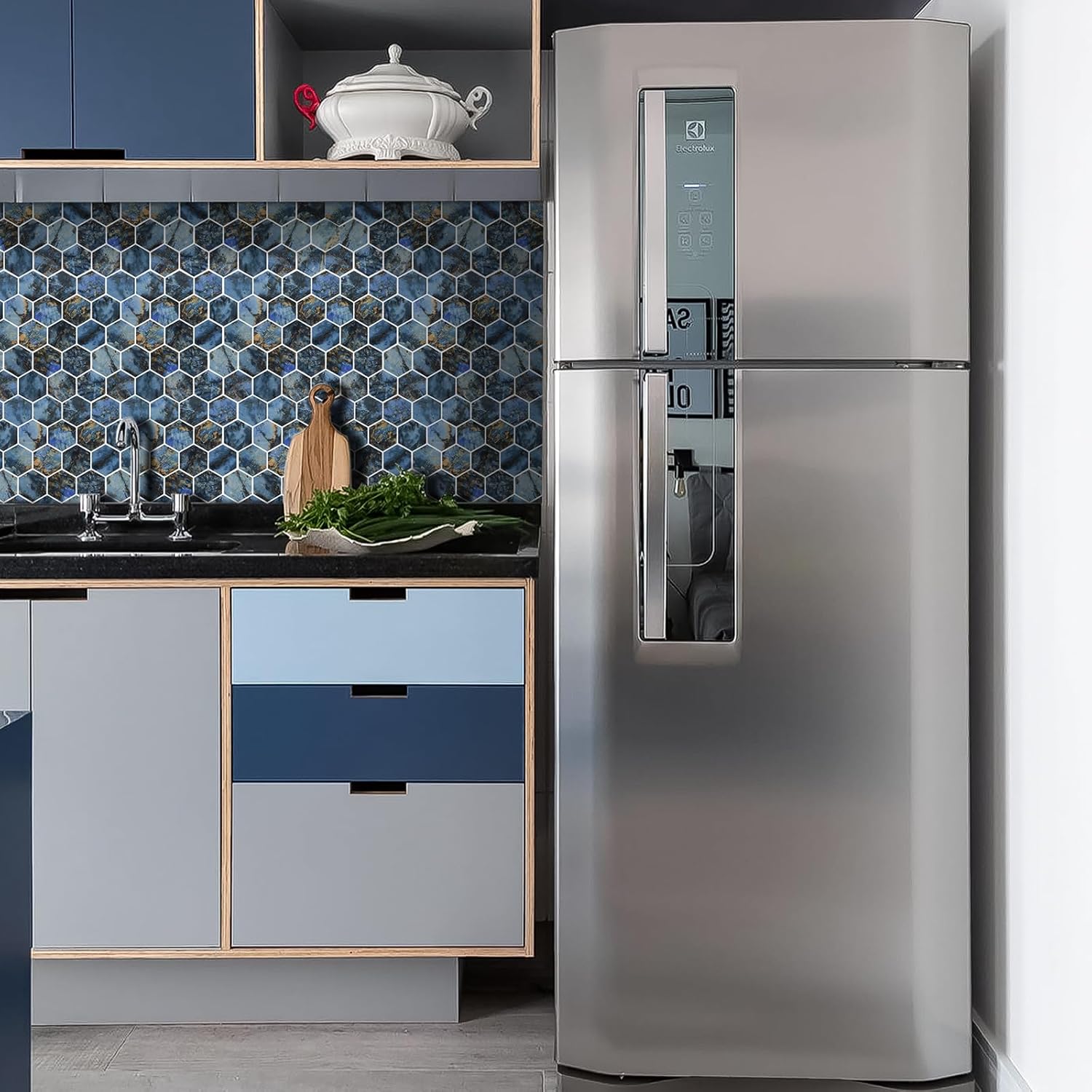 Peel and Stick Hexagon Backsplash Tile, Self Adhesive Glossy 3D Blue Marble Wall Tiles with White Bordered Design, Stick On Kitchen & Bathroom Backsplash (6-Sheet)