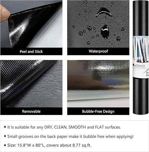 Miniatura 3 de LACHEERY Papel adhesivo negro cepillado para despegar y pegar, papel de contacto de acero inoxidable negro para electrodomésticos, rollo de papel