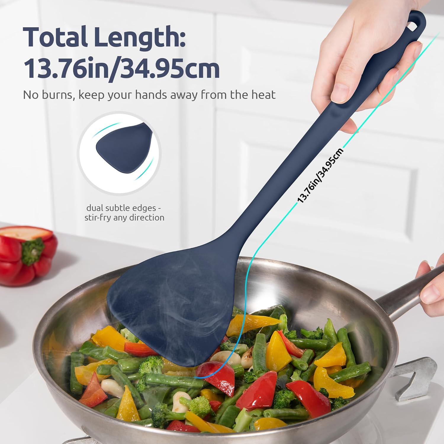 U-Taste 600ºF Heat Resistant 13.6in Long Solid & Slotted Silicone Turner and 600ºF Heat Resistant 13.76" Long, 3.63" Wide Wok Spatula for Kitchen Stir Fry (Midnight Blue)