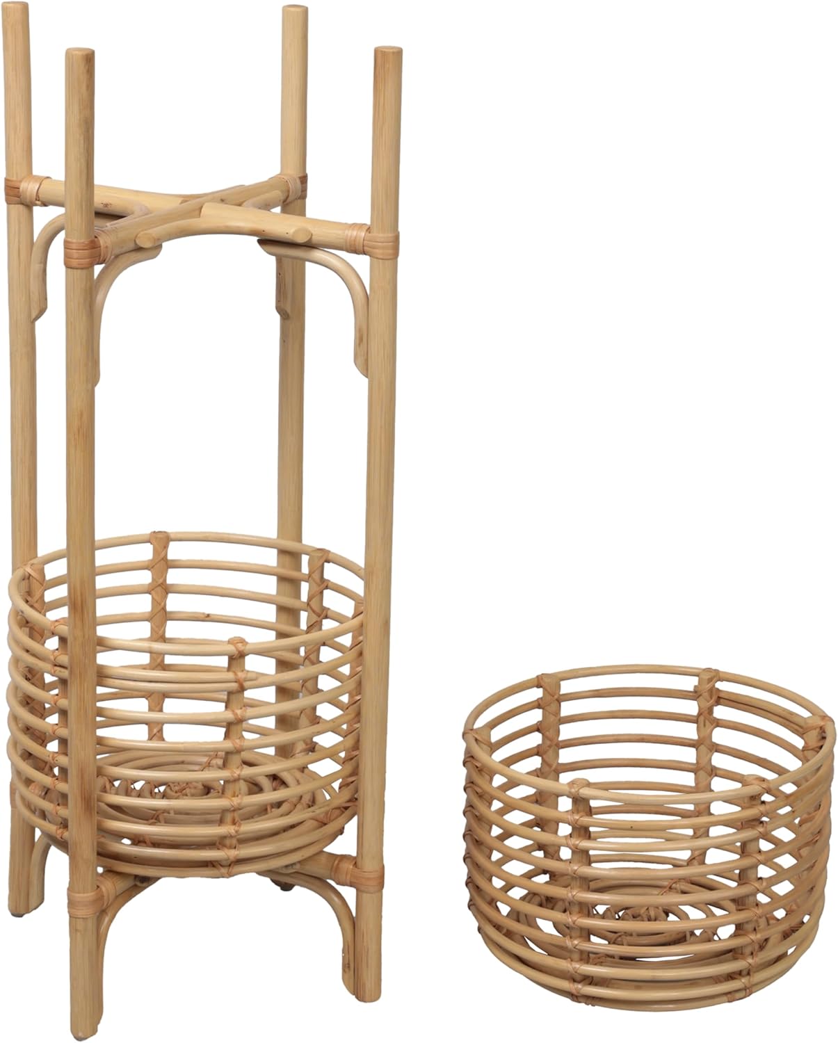 JONATHAN Y Zachariah 33.5" Bohemian Minimalist Handmade Rattan 2-Tier Indoor Planter Stand, Natural Woven Decorative Stand PLN3000A