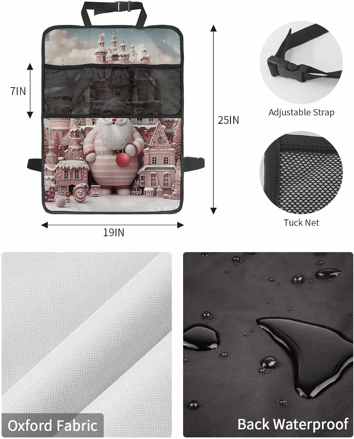 T&H XHome Car Seat Protector, 2 Pack Kick Mats with Organizer - 3 Pocket Storage, Christmas Pink Santa Castle Cute Cartoon Back Seat Cover for Kids Universal Fit Automotive Interior Protectors