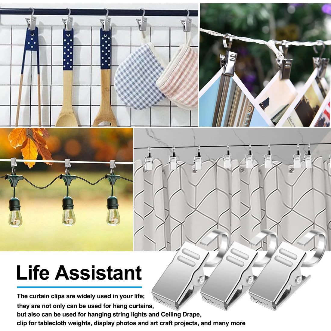 50 Clip Per Tende In Acciaio Inox - Con Gancio, Per Doccia, Foto E Decorazione, Argento