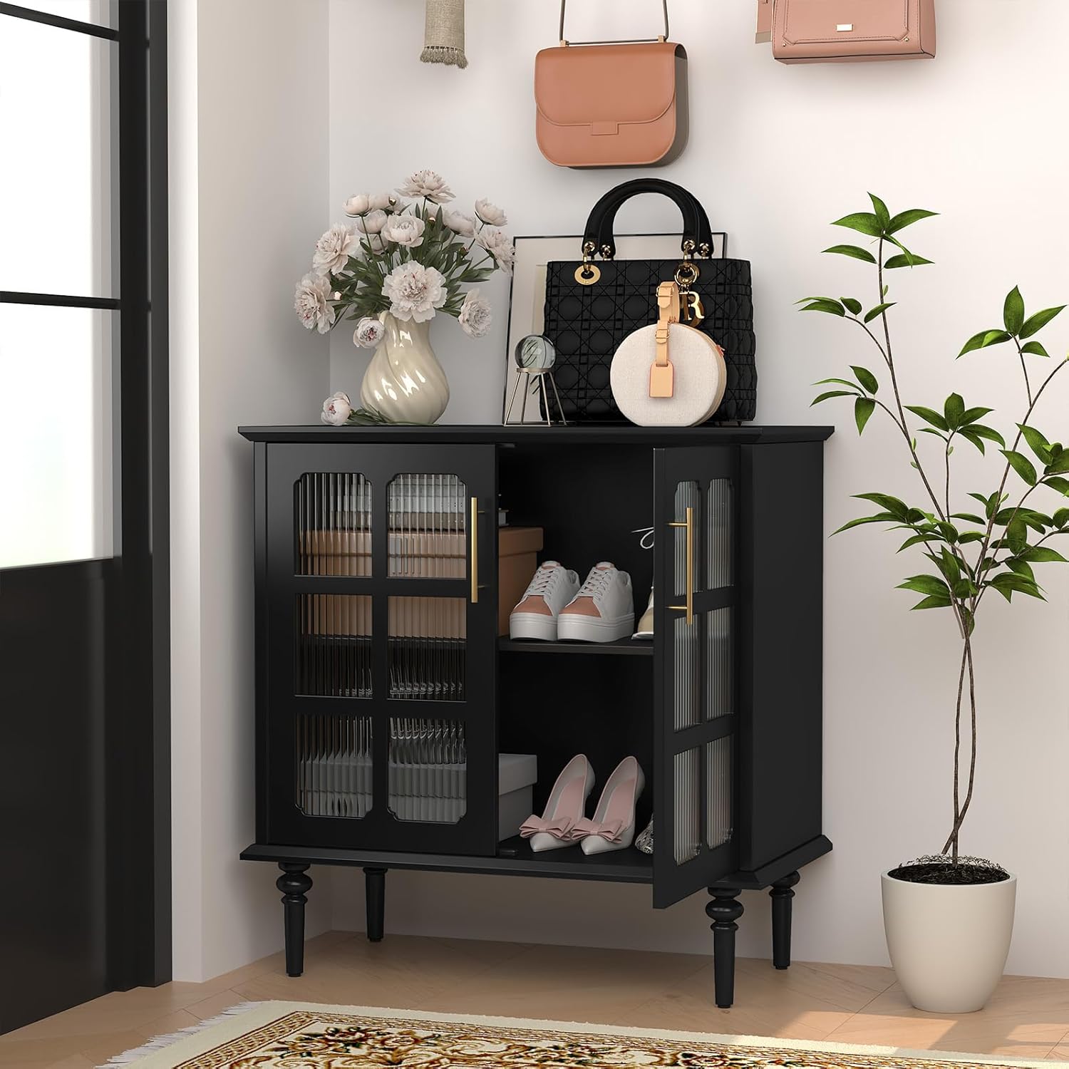 Vintage Buffet Cabinet with 2 Lattice Glass Door, Wooden Accent Cabinet with Adjustable Shelves, Credenza for Living Room, Kitchen, Dining Room, Entryway, Black
