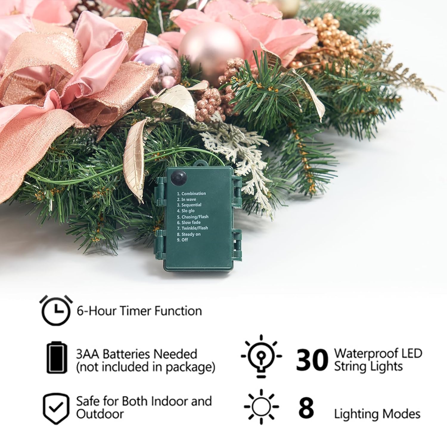 22inch Christmas Pink Wreath for Front Door with 25 LED Lights w/Timer,Elegant Magnolia Christmas Door Wreath,Lighted Festive Winter Decor,Pink Decorations for Wedding