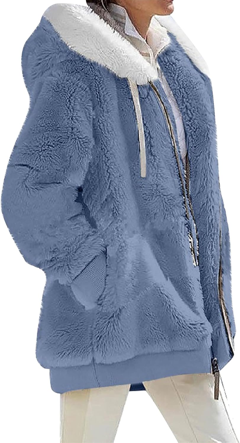 GORIFE Women's Fleece Soft Coats Zip Up Thick Hooded Jackets Color Block Outerwear With Pockets