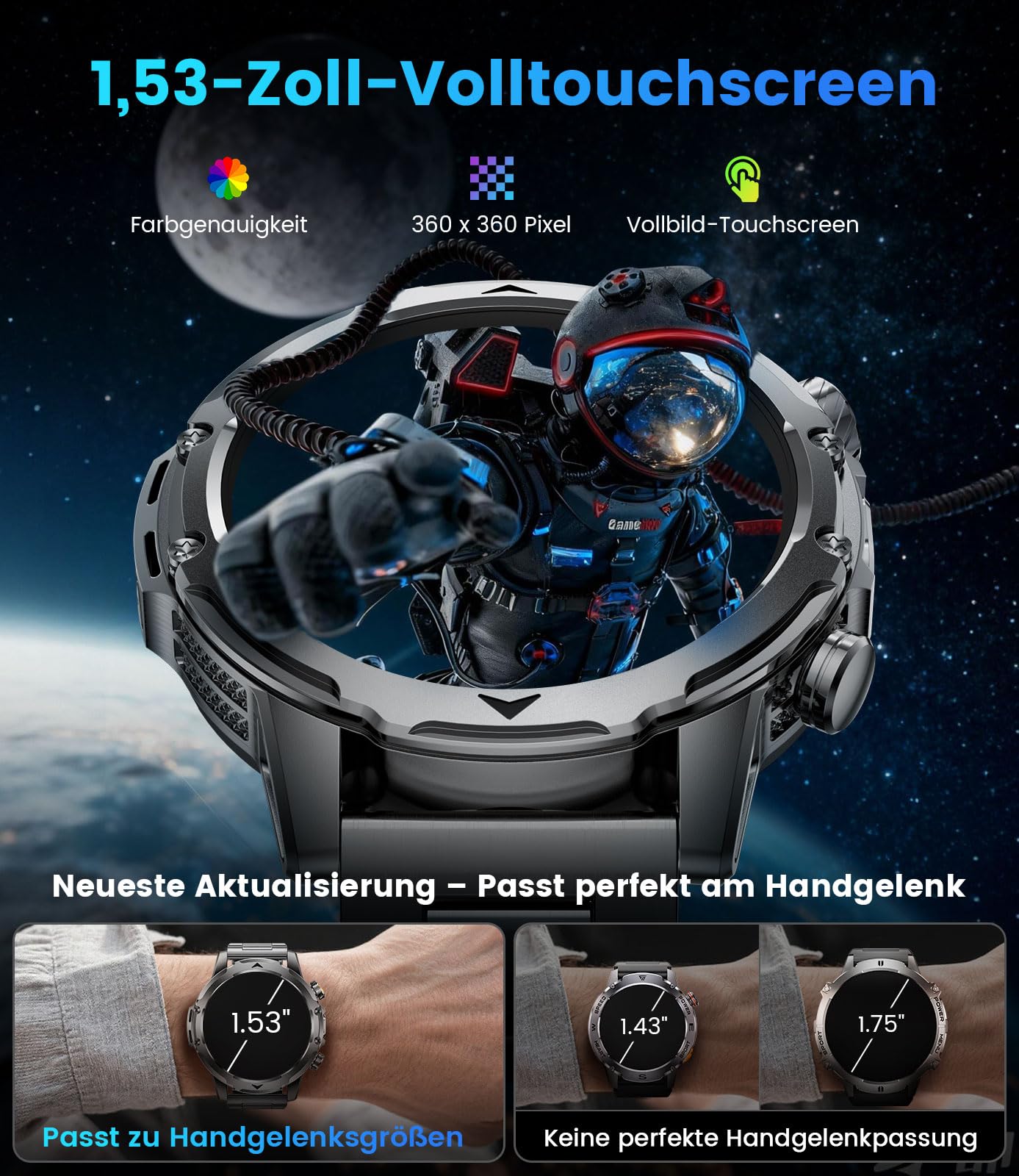Smartwatch Herren mit 1000mAh Akku für Android iOS, 1,53" HD Großes Touchscreen Militär Smart Watch mit 24H Herzfrequenz/110 Sportmodi, IP68 Wasserdicht Taschenlampe Fitnessuhr, Schwarz-Orange
