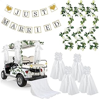 9 Pcs Wedding Golf Cart Decorations Include 1 Just Married Banner 1 White Gauze Fabric 4 Bench Bow Ribbons and 3 Artificial Rose Vines Golf Cart Carnival Accessories Bridal Shower Decorations