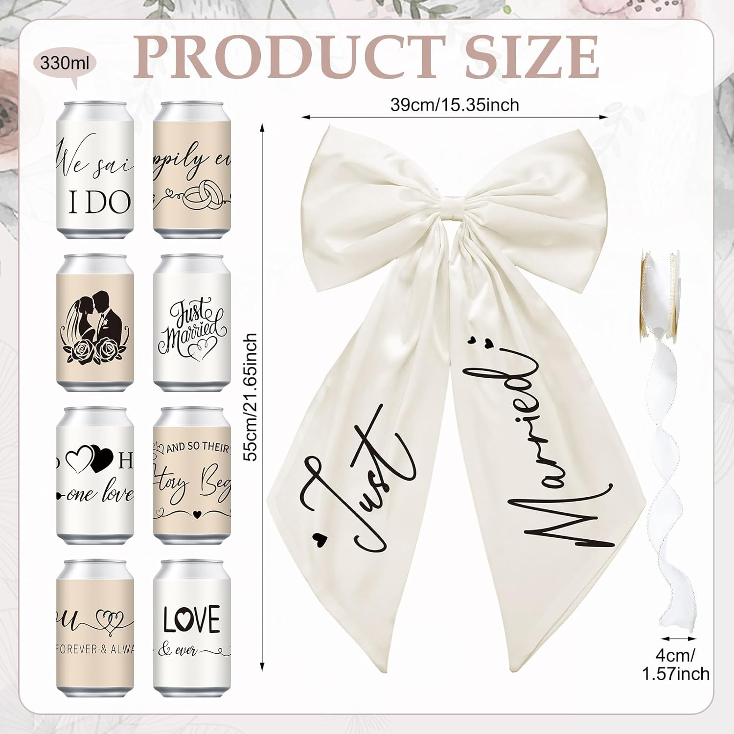 18 Pcs Just Married Car Decorations Wedding Car Decorations Giant Pull Ribbon Bow Tin Cans Stickers for Automotive Decor Accessories Bride Vehicles Photo Props Elegant Wedding Party Decor