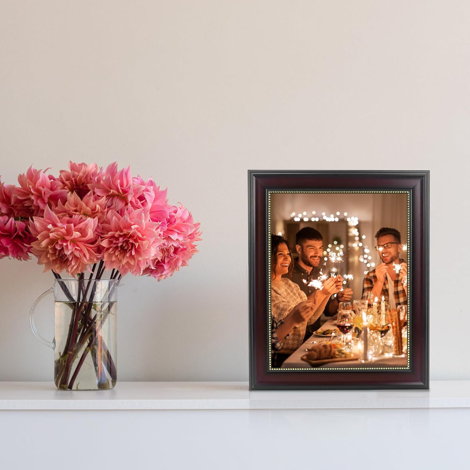 8x10 Picture Frames set of 2, Wood Photo frames 5x7 with HD Glass, Tabletop Display & Wall Mount, Brown with Gold Bead,Ideal Gift to Family and Friends