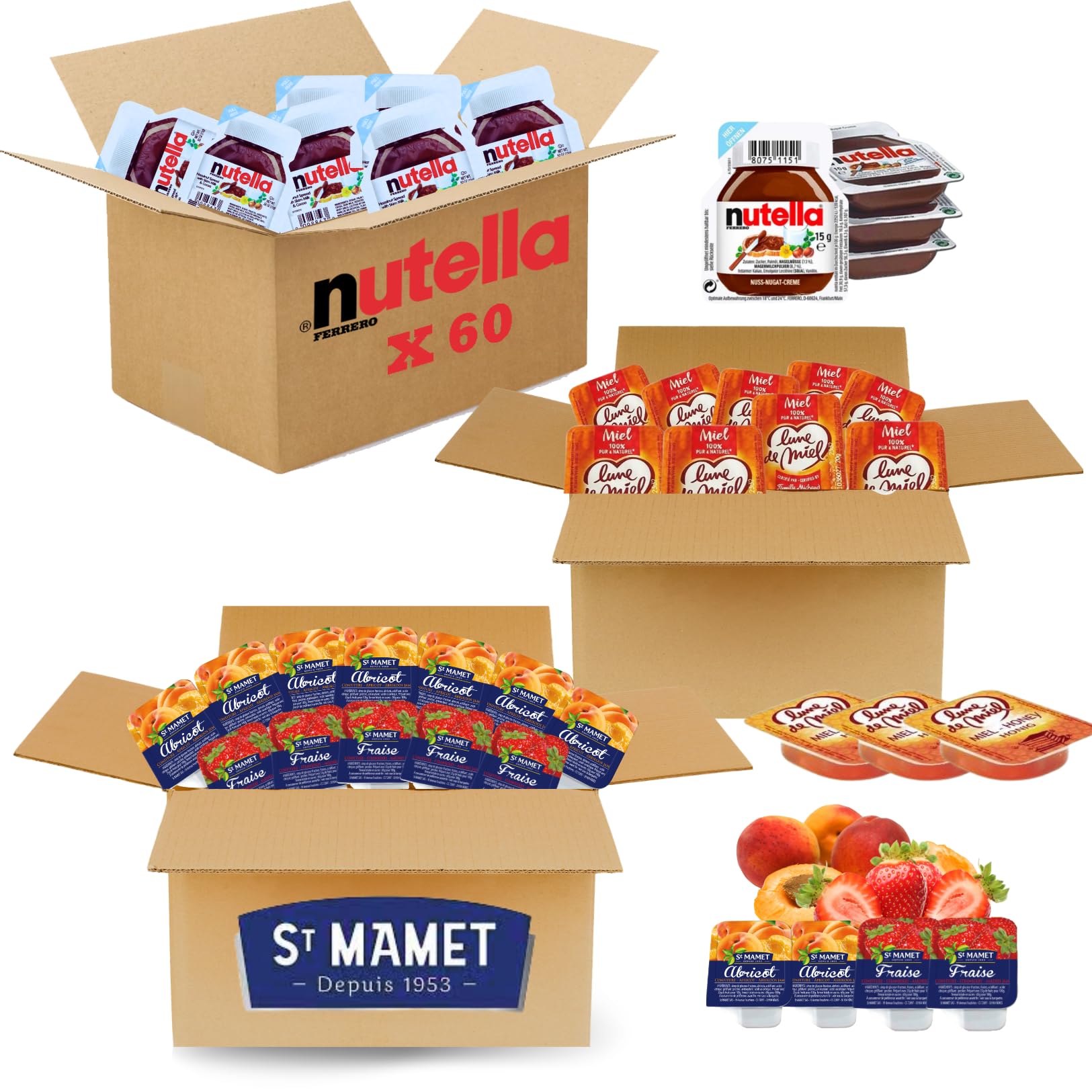 St MAMET/NUT/LUNE DE MIEL | Assortiment de 180 Barquettes de Pâte à Tartiner, Confitures Fraise & Abricot et Miel | Portions Individuelles, Idéal pour la restauration et les Airbnb