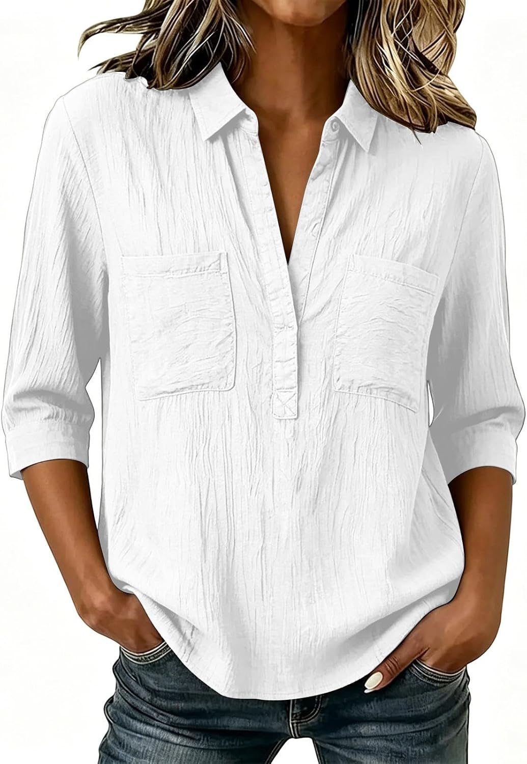 Women's Button Down Collared Linen Shirts Casual Loose Fit Blouse | Comfy Soft 3/4 Length Sleeve Tunic Gauze Tops Plus Size Solid Color Travel Vacation Peasant Outfits