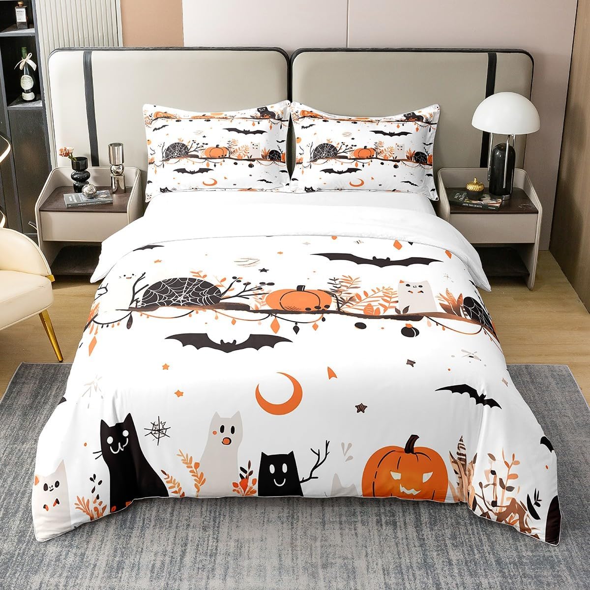 100% Cotton Rustic Farmhouse Halloween Duvet Cover King,Wild Bats Cats Bohemian Moon Star Comforter Cover (Not Comforter),Watercolor Plants Cartoon Animals Super Soft Bedding Bedroom Decor