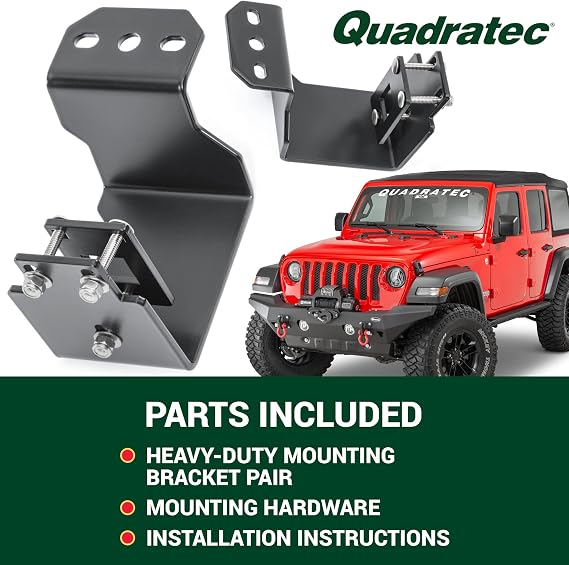Quadratec Heavy Duty Auxiliary Light Mount Brackets - Fits Jeep Gladiator JT, Wrangler JL & JLU 2018 -2026 - No Drilling or Modifications Required - Black Satin Finish - Fits Most Auxiliary Lights