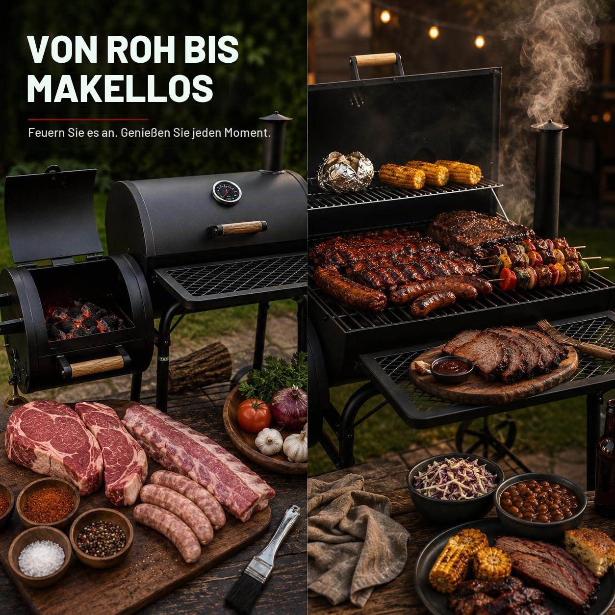 30 Kg Smoker Grill mit Abdeckhaube XL BBQ Smoker GRILLWAGEN Holzkohle Grillkamin Standgrill Räucherofen Zubehör Holzkohlegrill Schwarz Räuchergrill mit Thermometer & Rädern Deckelthermometer