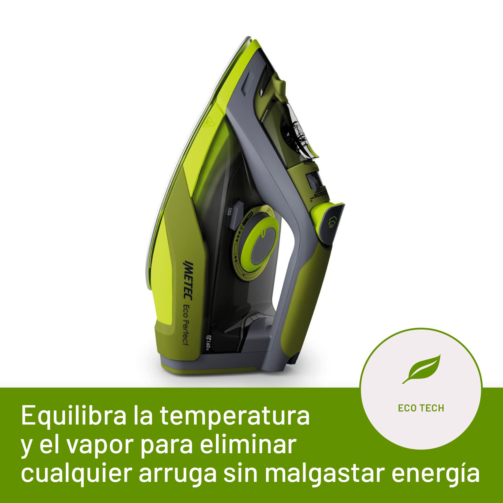 Imetec Plancha de Vapor Eco Perfect, resultados con -35% de consumo de agua y -25% de consumo de energía, Suela con revestimiento de cerámica Pro, Triple protección anti-cal, 2400 W