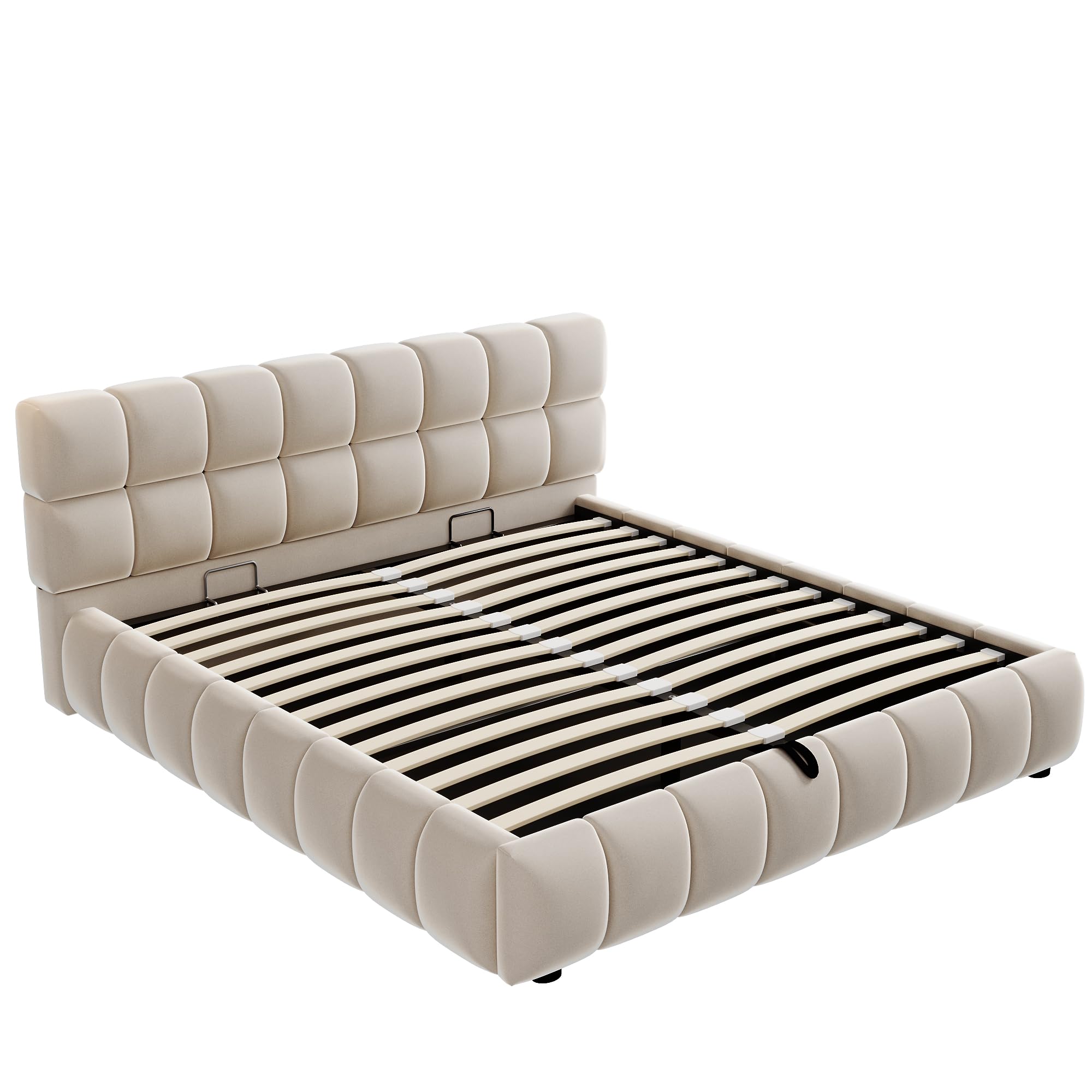 Cama tapizada de 140 x 200 cm, cabecero y laterales de cama con forma sólida y voluminosa, equipada con función de almacenamiento hidráulico, colchón integrado, cama doble, tela de terciopelo, sin