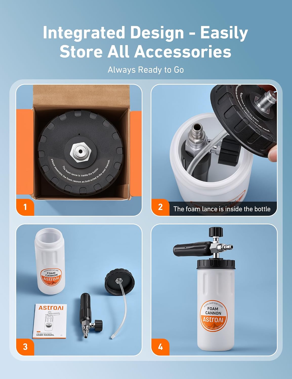 AstroAI Foam Cannon for Pressure Washer, Wide Neck Car Wash Foam Sprayer with 1/4" Quick Connect Plug, Adjustable Nozzle Dense Foam, Detailing Accessories for Cars, Bikes & Home Cleaning, 1 Liter