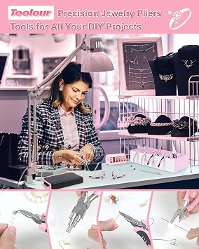 Toolour Jewelry Pliers Set Jeweler Making Tools with 6 Rolls Beading Wire Kit for Jewelry Supplies DIY Hobby Repair Crimping Wrapping,Pink Professional Craft Pliers for Adults Beginner