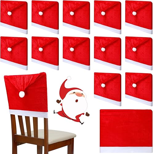 Buryeah 12 fundas para sillas de Navidad, con sombrero rojo, para sillas de comedor, con sombrero de Papá Noel, fundas de terciopelo para decoración