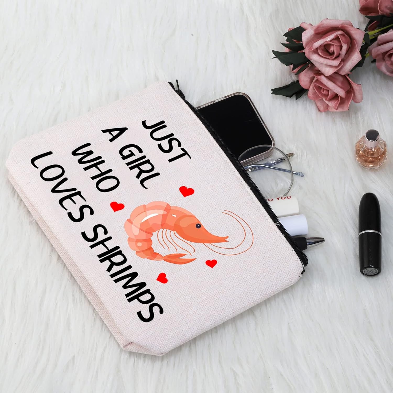 G2TUP Shrimp Lover Gift Who Loves Shrimps Makeup Bag Seafood Shellfish Cosmetic Bag Seafood Lover Gift Zipper Travel Bag (Who Loves Shrimps White Bag) - Image 4