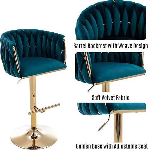 Miniatura 4 de LukeAlon Juego de 2 taburetes modernos de terciopelo para mostrador, giratorios de 360 de 26 pulgadas de altura de asiento bajos con patas doradas,