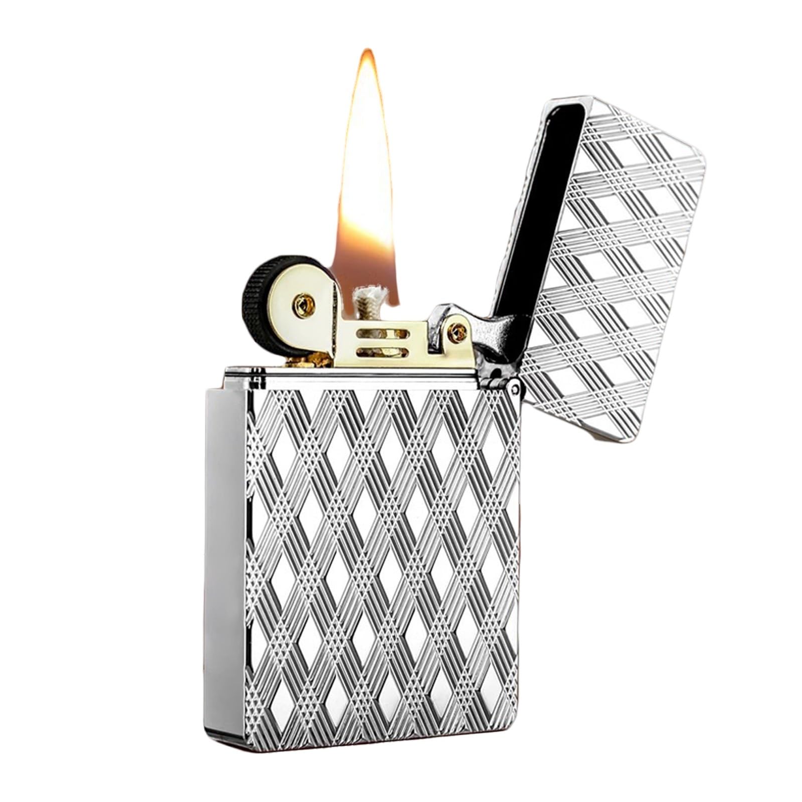 Encendedor de queroseno resistente al viento con tapa abatible, rueda de encendido vertical, diseño compacto, relieve de doble cara, regalo perfecto para hombre (combustible no incluido)